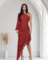 Gilded Allure One Shoulder Dress with Asymmetrical Ruffle Hem (Red) front view showing full-length maxi silhouette