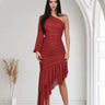 Gilded Allure One Shoulder Dress with Asymmetrical Ruffle Hem (Red) front view showing full-length maxi silhouette