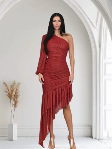 red ruffle one shoulder dress Wholesale Red One Shoulder A Line Mini Dresses with 3D Flower Ruffle AM041224