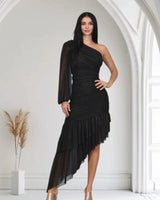 Gilded Allure One Shoulder Dress with Asymmetrical Ruffle Hem (Black) front view showing full-length maxi silhouette
