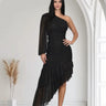Gilded Allure One Shoulder Dress with Asymmetrical Ruffle Hem (Black) front view showing full-length maxi silhouette