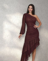 Gilded Allure One Shoulder Dress with Asymmetrical Ruffle Hem (Merlot) side view highlighting floor-length hemline