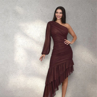 Gilded Allure One Shoulder Dress with Asymmetrical Ruffle Hem (Merlot) side view highlighting floor-length hemline