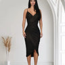 Gilded Allure Ruched Mesh Midi Dress - Black close up detail of ruched design