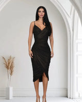 Gilded Allure Ruched Mesh Midi Dress - Black front view showing full midi length silhouette