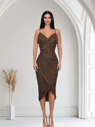 Gilded Allure Ruched Mesh Midi Dress - Chocolate - Palazzo Couture Online
