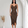 Gilded Allure Ruched Mesh Midi Dress - Chocolate close up detail of ruched design
