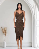 Gilded Allure Ruched Mesh Midi Dress - Chocolate front view showing full midi length silhouette