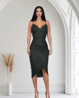 Gilded Allure Ruched Mesh Midi Dress - Forest - Palazzo Couture Online