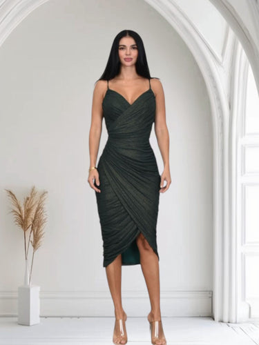 Gilded Allure Ruched Mesh Midi Dress - Forest - Palazzo Couture Online