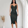 Gilded Allure Ruched Mesh Midi Dress - Forest close up detail of ruched design