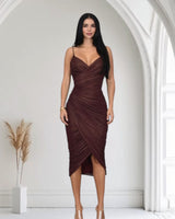 Gilded Allure Ruched Mesh Midi Dress - Merlot - Palazzo Couture Online