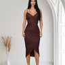 Gilded Allure Ruched Mesh Midi Dress - Merlot - Palazzo Couture Online
