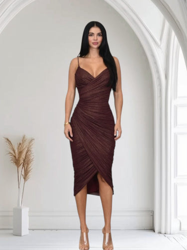 Gilded Allure Ruched Mesh Midi Dress - Merlot - Palazzo Couture Online