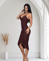 Gilded Allure Ruched Mesh Midi Dress - Merlot - Palazzo Couture Online