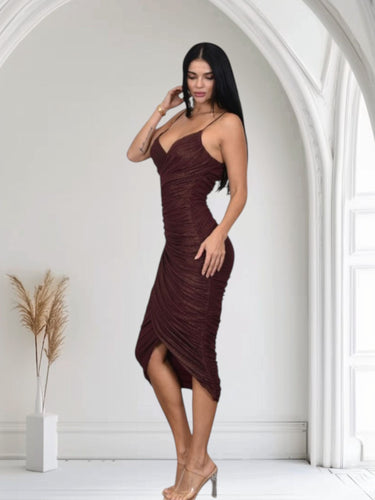 Gilded Allure Ruched Mesh Midi Dress - Merlot - Palazzo Couture Online