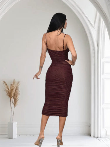 Gilded Allure Ruched Mesh Midi Dress - Merlot - Palazzo Couture Online