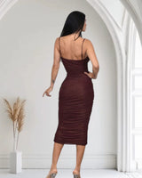 Gilded Allure Ruched Mesh Midi Dress - Merlot close up detail of ruched design