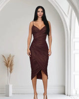 Gilded Allure Ruched Mesh Midi Dress - Merlot front view showing full midi length silhouette