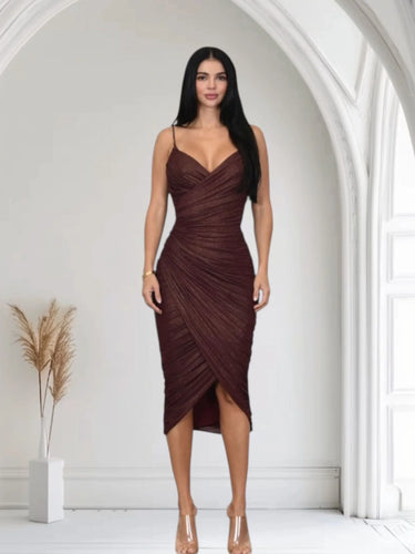Gilded Allure Ruched Mesh Midi Dress - Merlot front view showing full midi length silhouette