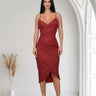 Gilded Allure Ruched Mesh Midi Dress - Red close up detail of ruched design