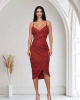 Gilded Allure Ruched Mesh Midi Dress - Red front view showing full midi length silhouette