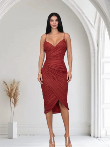 Gilded Allure Ruched Mesh Midi Dress - Red front view showing full midi length silhouette