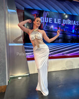 Gilded Elegance Satin Maxi Dress (White) - Palazzo Couture Online