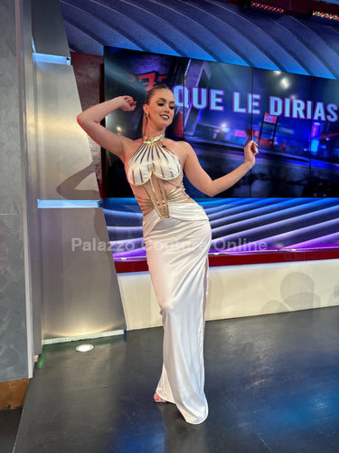 Gilded Elegance Satin Maxi Dress (White) - Palazzo Couture Online