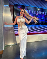 Gilded Elegance Satin Maxi Dress (White) - Palazzo Couture Online