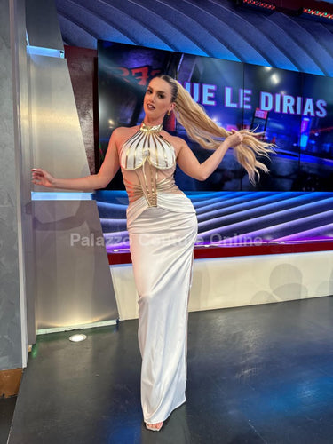 Gilded Elegance Satin Maxi Dress (White) - Palazzo Couture Online