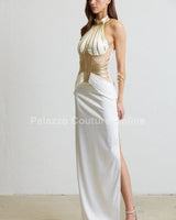 Gilded Elegance Satin Maxi Dress (White) - Palazzo Couture Online