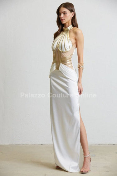 Gilded Elegance Satin Maxi Dress (White) - Palazzo Couture Online
