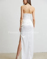 Gilded Elegance Satin Maxi Dress (White) alternate angle showcasing dress movement and drape