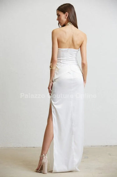 Gilded Elegance Satin Maxi Dress (White) alternate angle showcasing dress movement and drape