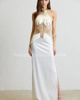 Gilded Elegance Satin Maxi Dress (White) full body look paired with heels and statement jewelry