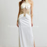 Gilded Elegance Satin Maxi Dress (White) full body look paired with heels and statement jewelry