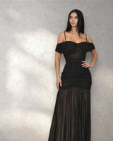 Women's Black maxi dress off-shoulder style back view