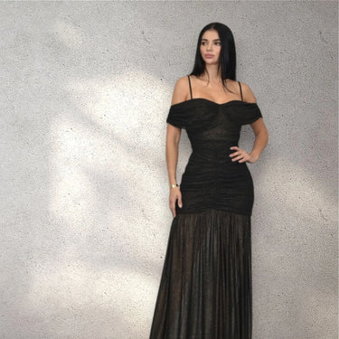 Women's Black maxi dress off-shoulder style back view