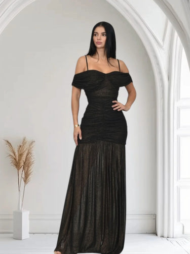 Gilded Radiance Off-Shoulder Maxi Dress – Black close up detail of off-shoulder design and fabric