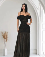 Gilded Radiance Off-Shoulder Maxi Dress – Black front view showing full-length maxi silhouette