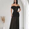 Gilded Radiance Off-Shoulder Maxi Dress – Black front view showing full-length maxi silhouette