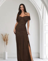 Chocolate off shoulder maxi dress with flowing skirt