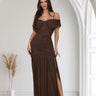 Off shoulder maxi dress with ruched bodice in chocolate color