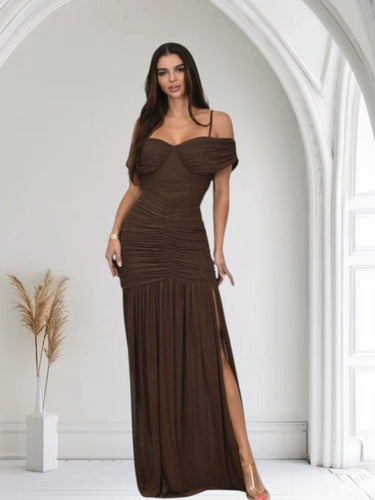 Off shoulder maxi dress with ruched bodice in chocolate color