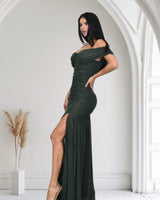 Gilded Radiance Off - Shoulder Maxi Dress – Forest - Palazzo Couture Online