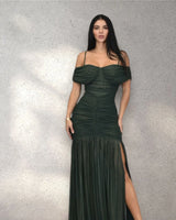 Gilded Radiance Off-Shoulder Maxi Dress – Forest close up detail of off-shoulder design and fabric