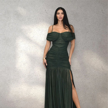 Gilded Radiance Off-Shoulder Maxi Dress – Forest close up detail of off-shoulder design and fabric