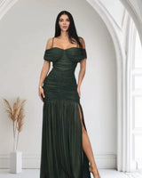 Gilded Radiance Off-Shoulder Maxi Dress – Forest front view showing full-length maxi silhouette