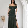 Gilded Radiance Off-Shoulder Maxi Dress – Forest front view showing full-length maxi silhouette